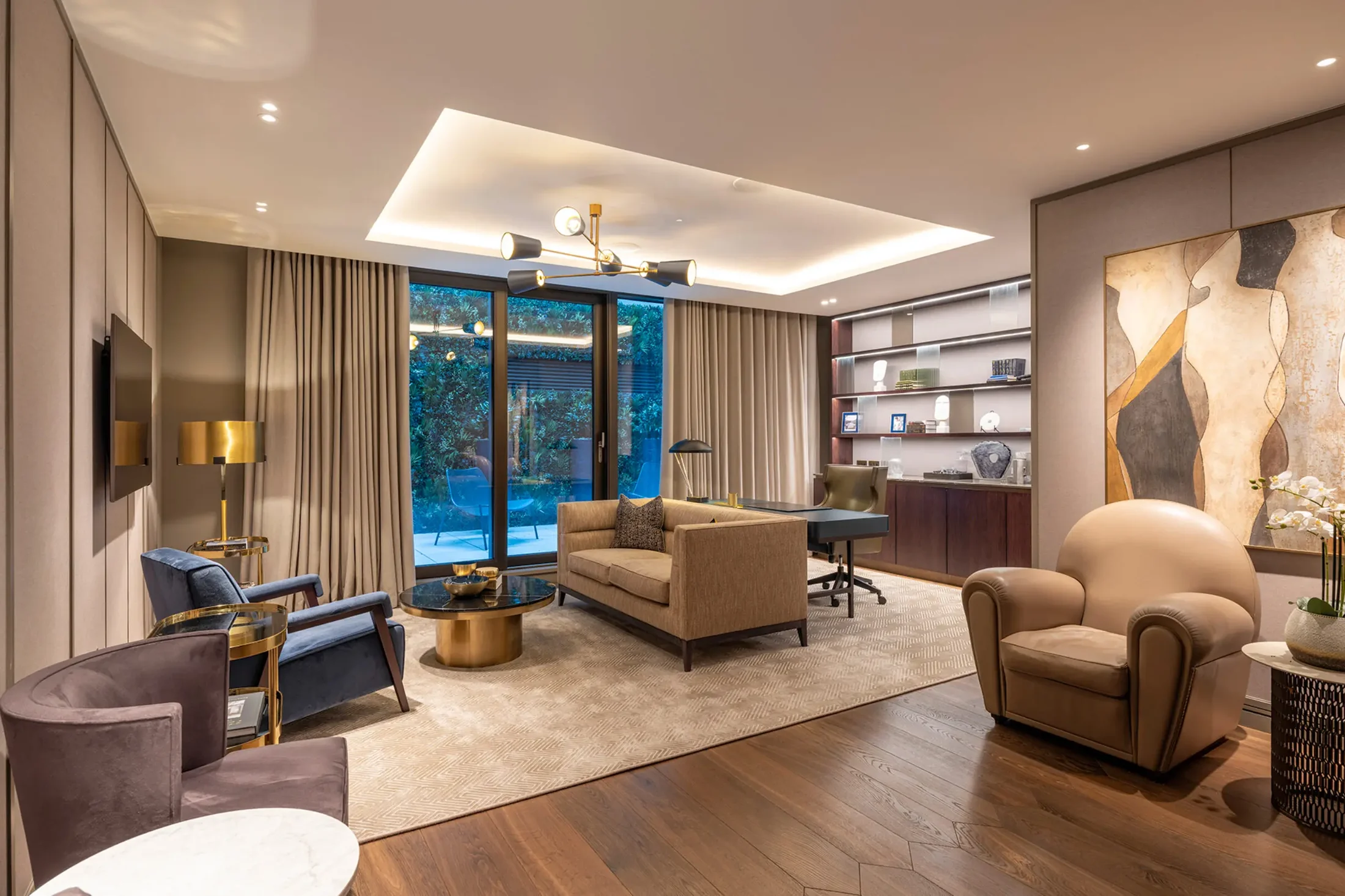 Buxmead lounge with layered decor, art and collectible design pieces